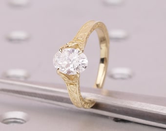 14k Gold Oval Lab Grown Diamond Engagement Ring, Minimalist Filigree Ring