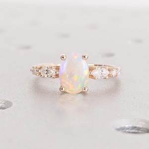 Vintage Rose Gold Natural Opal Engagement Ring | Unique White Opal Wedding Ring | Prong Set Ring | Art Deco Promise Anniversary Bridal Ring
