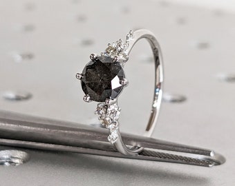 Salt and Pepper Ring Vintage Diamond Engagement Ring 14K Gold Unique Snowdrift 6 Prong Engagement Ring Diamond Wedding Ring for Her Art Deco