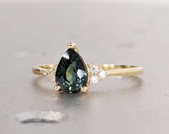 Vintage Style Montana Sapphire Ring, Pear Cut Blue Green Teal Sapphire Engagement Ring, Solid Gold Wedding Ring, Diamond/Moissanite Cluster