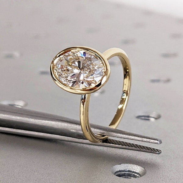 Oval Cut Moissanite Solitaire Ring, 14K Yellow Gold Engagement Ring, Bezel Setting, Statement Ring, Gift For Her, Vintage Bridal Set, Simple