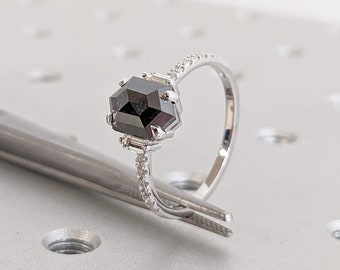 14K White Gold Natural Salt and Pepper Diamond Unique Engagement Cocktail Ring for Her | Dainty Half Eternity Wedding Band Platinum Jewelry