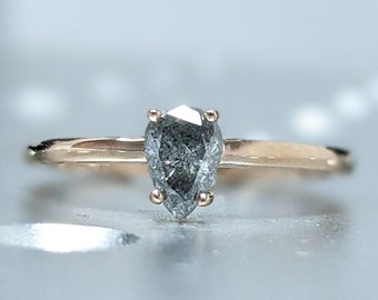 1920's Raw Salt and Pepper Diamond, Rose Cut Pear Diamond Ring, Unique Engagement, Black, Gray Pear, 14k Yellow, Rose, or White Gold