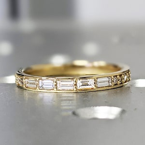 Baguette Diamond Ring / 14k Gold Half Eternity Baguette Diamond Stackable Ring / 2.0MM Ultra Thin Baguette Diamond Wedding Ring