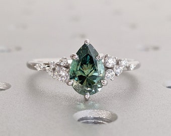 Pear Cut Green Moissanite Ring Vintage Moissanite Engagement Ring Solid Gold Unique Snowdrift 6 Prongs Engagement Ring Diamond Wedding Ring
