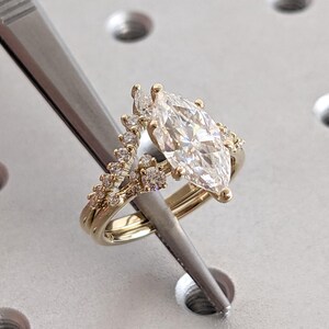 Unique Moissanite Snowdrift Marquise cut Engagement Ring Set | 14k Solid Yellow Gold Rings for Women | V Shaped Wedding Ring Bridal Set