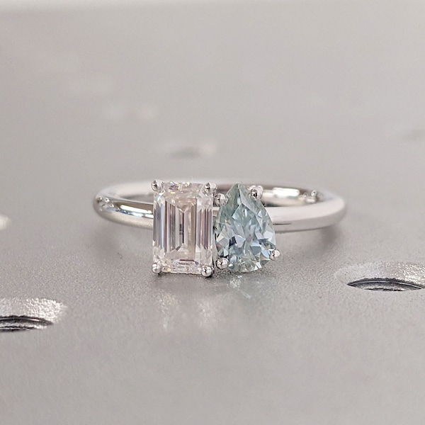 Two Stone Pear, Emerald cut Moissanite Wedding Anniversary Proposal Ring for Wife | Rounded Solid Gold Band | Unique Blue Diamond Jewelry