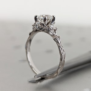 Nature Inspired Moissanite Engagement Ring Leaves Band Round Moissanite Diamond Wedding Ring Leaf Vine Branch Alternative Engagement Ring