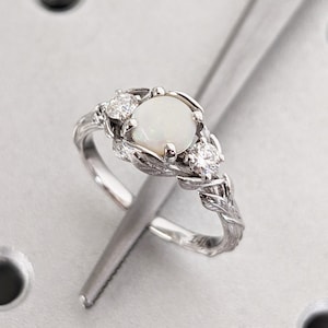 White Opal Gemstone Ring, 14K White Gold Opal Engagement Ring, Nature Inspired Botanical Ring, October Birthstone Ring, Opal Ring For Women
