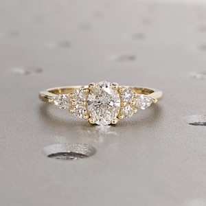 Multi-Stone Engagement Ring, Cluster Moissanite Engagement Ring, Oval Moissanite Ring, Oval Cut Cluster Engagement Ring in 14K Yellow Gold