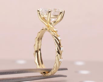 Handgemaakte diamanten verlovingsring, VVS-VS Lab-diamant ovaal geslepen, gedraaide band en moissaniet-zijstenen