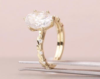 Dainty Lab Diamond Oval Engagement Ring, Yellow Gold Leaf Vine Engagement Ring, Matching Wedding Band, Art Deco Accent Moissanite Ring Set