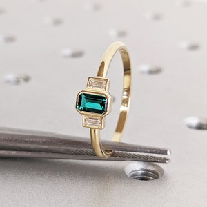 Emerald Baguette Ring 14K Gold Emerald Ring Baguette Emerald Ring 14K Solid Gold Minimalist Emerald Ring Stacking Three Stone Emerald Ring