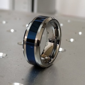 Shiny Blue Tungsten Ring, Blue Tungsten Band, Blue Wedding Ring, Tungsten Wedding Band, Blue And Silver Ring, Blue Band Wedding Ring