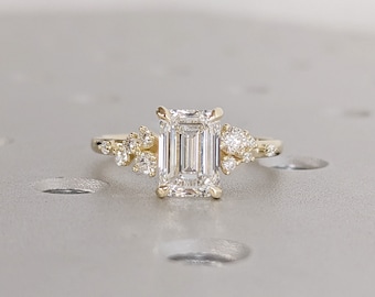 Emerald Cut Colorless Moissanite Women Engagement Promise Ring | Solid Gold Unique Snowdrift 6 Prongs Diamond Cluster Wedding Ring for Wife