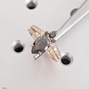 Salt and Pepper Diamond Engagement Ring Set | Vintage Wedding Ring | Unique Rose Gold Pear cut Ring | Art Deco Wedding Anniversary Ring