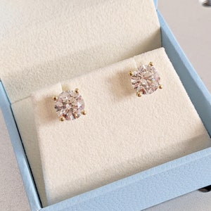 1CT - 2CT Diamond Earrings Round Studs | Certified Real Lab Created Earrings | 14K Yellow Gold Lab Grown Earring Studs | 14K Gold Earrings