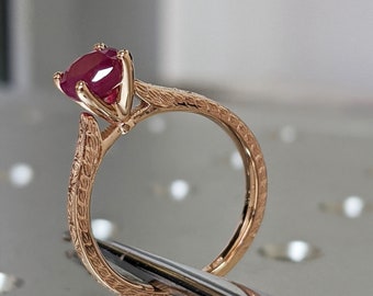 Vintage Ruby Engagement Ring 14k rose gold hand engraved ruby ring, cathedral setting, high profile prongs, hand engraving Everleigh
