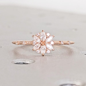Solid Gold Flower Engagement Ring, Moissanite Marquise Floral Petals Engagement Ring, Floral Anniversary Ring, Vintage Wedding Ring for Her