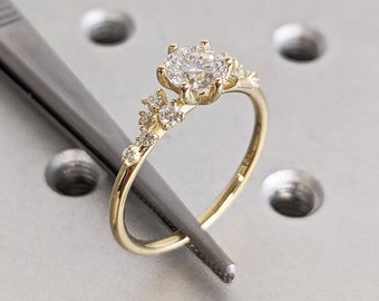 Round Moissanite Ring Vintage Moissanite Engagement Ring Solid Gold Unique Snowdrift 6 Prongs Engagement Ring Cluster Diamond Wedding Ring