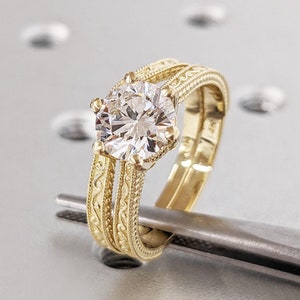 Unique Vintage Lab Grown Diamond Ring Bridal Set / Solid Gold Art Deco Milgrain Filigree Band / Classic Wedding Milgrain Engagement Ring Set