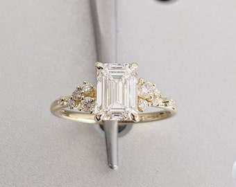 Emerald cut Lab Grown Diamond 14K Yellow Gold Women Engagement Ring | Unique Snowdrift Diamond Cluster Promise Ring |  Wedding Ring for Her