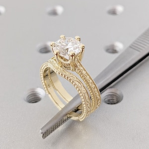 Unique Vintage Lab Grown Diamond Ring Bridal Set / Solid Gold Art Deco Milgrain Filigree Band / Classic Wedding Milgrain Engagement Ring Set
