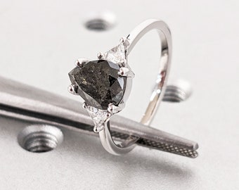 Raw Diamond Pear Triangle Diamond, Salt and Pepper, Unique Engagement Ring, Teardrop Shape Geometric Diamond Ring, 14k Gold, Custom Handmade