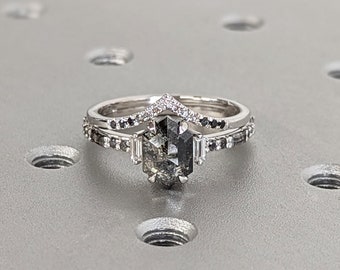 750 Weißgold Eheringe Set 2ct Hexagon Salz und Pfeffer Diamant | Einzigartiger Luxus Verlobungsschmuck | Rosen Schliff Vorschlag Ring