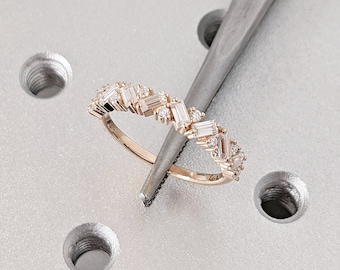 Diamond Cluster Ring | 14K Gold Diamond Ring | Baguette and Round Diamond Stacking Diamond Ring | 14k Solid Rose, White, Yellow Gold Band