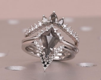 Salt and Pepper Diamond Promise Rings for Women | Solid Gold Wedding Band Bridal Set | Moissanite Stacking Ring