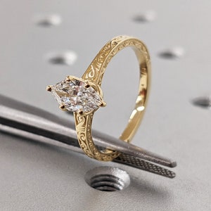 Marquise Cut Moissanite Ring Vintage Moissanite Engagement Ring Solid Gold Unique Classic Solitaire Engagement Ring Filigree Hand Carved