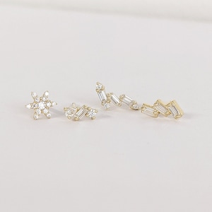 Fancy cut Floral Lab Grown Diamond Petite Women Studs Earrings | Solid Gold Screw Back Set or Single Earrings | Anniversary Gift for Her