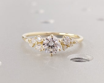 Art Deco Moissanite Cluster Wedding Anniversary Ring for Wife | Solid Gold, Platinum Snowdrift Diamond Cocktail Ring | Timeless Jewelry