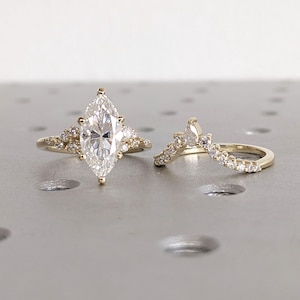 Vintage Solid Gold Engagement Ring Women | Marquise cut Moissanite Stacking Ring Set | Moissanite and Lab Diamond Promise Ring Wedding Gift