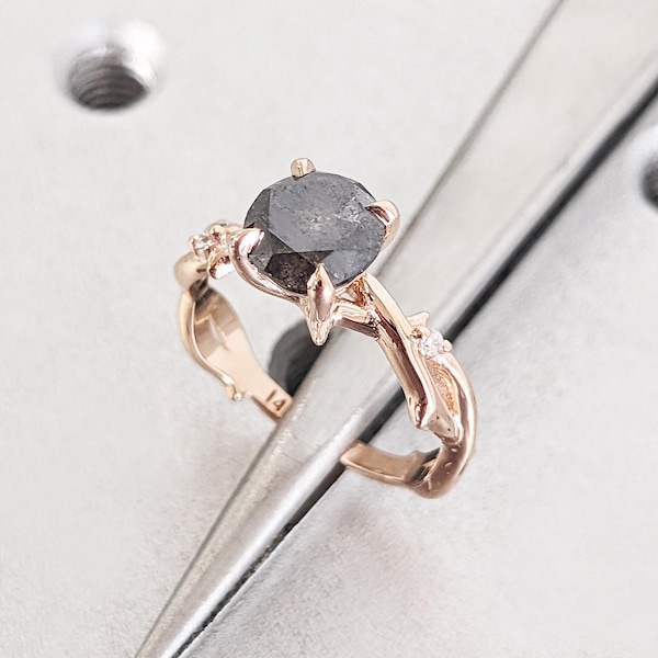 Salt and Pepper Diamond Nature Engagement Ring, Twig Branch Diamond Ring, Twig Engagement Ring, Thorn Twisted Vine Ring, 14K Rose Gold Ring