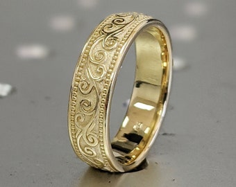 Gouden matte trouwring, 14 kt gouden bloemen trouwring, filigraan trouwring, unieke trouwring 14 kt gouden bloemenpatroon band