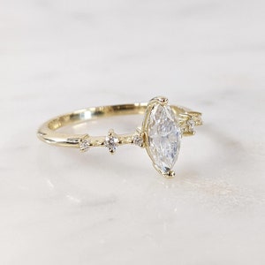 Unique Dainty Minimalist 14K Yellow Gold Marquise Cut White Diamond Promise Ring | Small Delicate Womens Gold Engagement Ring Gift for Her