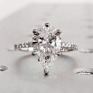 Pear Cut Moissanite Engagement Ring with Hidden Halo | 14K Moissanite Pear Cut Engagement Ring | Hidden Halo Ring | Anniversary Ring for Her