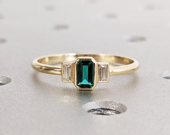 Emerald Baguette Ring 14K Gold Emerald Ring Baguette Emerald Ring 14K Solid Gold Minimalist Emerald Ring Stacking Three Stone Emerald Ring