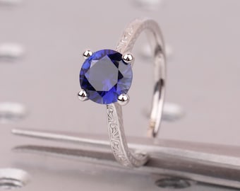 Vintage Sapphire Engagement Ring, 18K White Gold, Art Deco Blue Sapphire Ring, Round Lab Sapphire Birthstone, Wedding Anniversary Jewelry