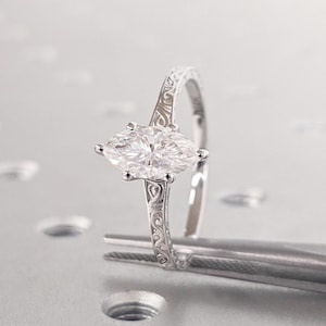 Marquise Cut Moissanite Ring Vintage Moissanite Engagement Ring 14K Solid Gold Unique Classic Solitaire Engagement Ring Filigree Hand Carved