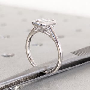 Bezel Set Emerald Cut Moissanite Engagement Ring | Cathedral Setting Emerald Cut Ring | Moissanite White Gold Promise Ring | Gift for Her