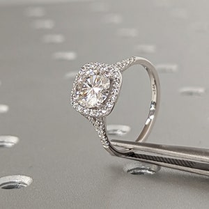 Cushion Halo, 1.5ct Round Lab Diamond Wedding Anniversary Ring | Custom 14K White Gold Diamond Split Shank Promise Ring | Bridal Jewelry