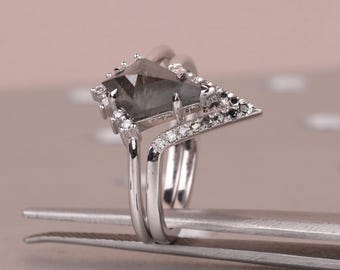 Solid Gold Wedding Band Sets for Her | Kite cut Salt and Pepper Diamond Engagement Ring | Chevron Stacking Ring