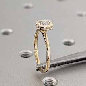 Bezel Set 0.5ct Cushion Cut Lab Diamond Engagement Ring | Custom 14K Yellow Gold Diamond Hidden Halo Wedding Anniversary Ring for Her