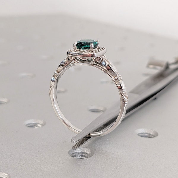 May Birthstone Lab Grown Emerald Women Wedding Anniversary Ring | Diamond Halo Hidden Heart Gallery Unique Proposal Ring | Tapered Gold Band