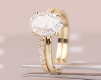 Oval Moissanite Engagement Ring Set, Diamond Matching Band, 14k Yellow Gold Bridal Jewelry