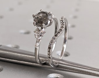 Zout en peper ring set, handgemaakte diamanten ring set, sneeuwjacht cluster, zes tanden trouwring, ronde zout en peper diamanten ring, Art Deco