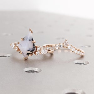 Green Moss Agate Engagement Ring Set, Kite Cut Moss Agate Ring with Lab Diamond, 14K Rose Gold Ring Nature Inspired Promise Ring Set For Her